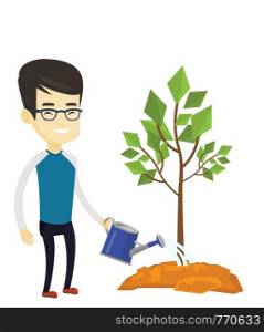 Asian friendly man watering tree. Smiling male gardener with watering can. Young man gardening. Concept of environmental protection. Vector flat design illustration isolated on white background.. Man watering tree vector illustration.