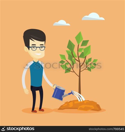 Asian friendly man watering tree. Smiling male gardener with watering can. Young man gardening. Concept of environmental protection. Vector flat design illustration. Square layout.. Man watering tree vector illustration.