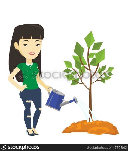 Asian friendly woman watering tree. Smiling female gardener with watering can. Young woman gardening. Concept of environmental protection. Vector flat design illustration isolated on white background.. Woman watering tree vector illustration.