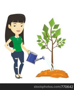 Asian friendly woman watering tree. Smiling female gardener with watering can. Young woman gardening. Concept of environmental protection. Vector flat design illustration isolated on white background.. Woman watering tree vector illustration.