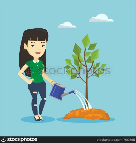 Asian friendly woman watering tree. Smiling female gardener with watering can. Young woman gardening. Concept of environmental protection. Vector flat design illustration. Square layout.. Woman watering tree vector illustration.