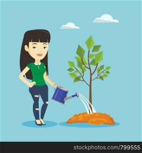 Asian friendly woman watering tree. Smiling female gardener with watering can. Young woman gardening. Concept of environmental protection. Vector flat design illustration. Square layout.. Woman watering tree vector illustration.