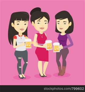 Asian friends clanging glasses of beer. Women toasting and clinking glasses of beer. Group of friends enjoying a beer at pub. Women drinking beer. Vector flat design illustration. Square layout.. Group of friends enjoying beer at pub.