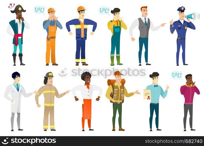 Asian furious builder in hard hat screaming. Full length of furious builder shouting. Illustration of furious builder yelling. Set of vector flat design illustrations isolated on white background.. Vector set of professions characters.