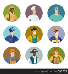 Asian furious builder in hard hat screaming. Furious builder shouting. Illustration of young furious builder yelling. Set of vector flat design illustrations in the circle isolated on white background. Vector set of characters of different professions.
