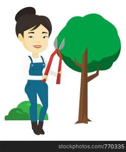 Asian gardener holding pruner. Female gardener is going to trim branches of a tree with pruner. Gardener working in the garden with pruner. Vector flat design illustration isolated on white background. Farmer with pruner in garden vector illustration.