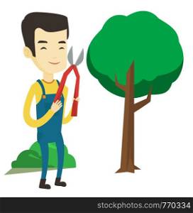 Asian gardener holding pruner. Young gardener is going to trim branches of a tree with pruner. Gardener working in the garden with pruner. Vector flat design illustration isolated on white background.. Farmer with pruner in garden vector illustration.