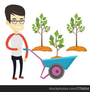 Asian gardener with wheelbarrow standing on the background of newly planted trees. Grdener pushing wheelbarrow with tree in the park. Vector flat design illustration isolated on white background.. Man pushing wheelbarrow with plant.