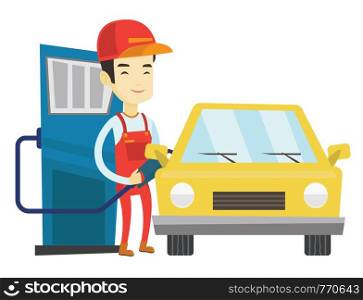 Asian gas station worker filling up fuel into the car. Smiling worker in workwear at gas station. Young gas station worker refueling a car. Vector flat design illustration isolated on white background. Worker filling up fuel into car at the gas station