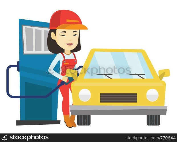 Asian gas station worker filling up fuel into the car. Smiling worker in workwear at gas station. Young gas station worker refueling a car. Vector flat design illustration isolated on white background. Worker filling up fuel into car at the gas station