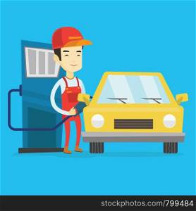 Asian gas station worker filling up fuel into the car. Smiling worker in workwear at the gas station. Young gas station worker refueling a car. Vector flat design illustration. Square layout.. Worker filling up fuel into car at the gas station