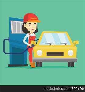 Asian gas station worker filling up fuel into the car. Smiling worker in workwear at the gas station. Young gas station worker refueling a car. Vector flat design illustration. Square layout.. Worker filling up fuel into car at the gas station