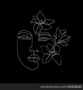 Asian girl li≠art, drawn with o≠li≠. On a black background with a sketch li≠r, a girl with flowers moglinolia in her head