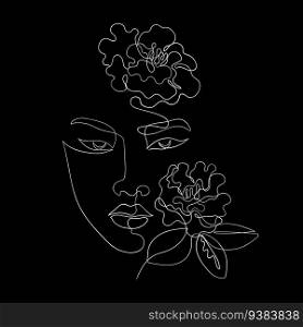 Asian girl line art, drawn with one line. On a black background, a sketch liner, a girl with chrysanthemum flowers in her head