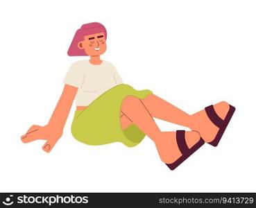 Asian girl on summer break semi flat color vector character. Korean young woman sitting, enjoying breeze. Editable full body person on white. Simple cartoon spot illustration for web graphic design. Asian girl on summer break semi flat color vector character