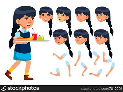 Asian Girl Vector, Child, Kid, Teen. Modern Uniform. Educational, Study. Face Emotions, Various Gestures. Animation Creation Set. Isolated Flat Cartoon Character Illustration - Illustration