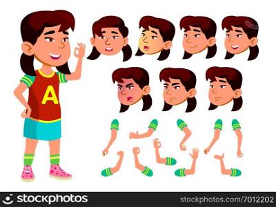 Asian Girl Vector, Child, Kid, Teen. Schoolchild. Face Emotions, Various Gestures. Animation Creation Set. Isolated Flat Cartoon Character Illustration - Illustration