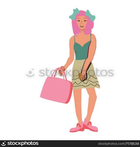 Asian girl with pink hair carrying shopping bags and smartphone. White background. Sale concept. . Asian girl with pink hair carrying shopping bags and smartphone.