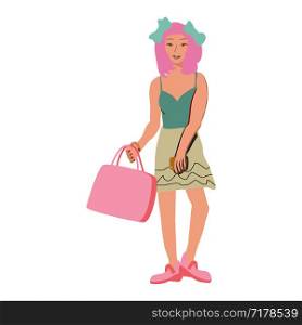 Asian girl with pink hair carrying shopping bags and smartphone. White background. Sale concept. . Asian girl with pink hair carrying shopping bags and smartphone.