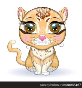 Asian golden cat with beautiful eyes in cartoon style, colorful illustration for children. Asian golden cat with characteristic spots and colors. Asian golden cat with characteristic spots and colors