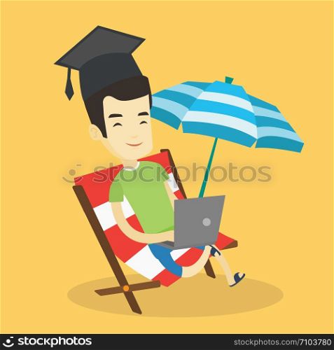Asian graduate lying in chaise longue. Graduate in graduation cap working on laptop. Graduate studying on a beach. Concept of online education. Vector flat design illustration. Square layout.. Graduate lying in chaise lounge with laptop.