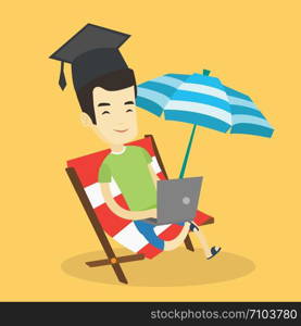 Asian graduate lying in chaise longue. Graduate in graduation cap working on laptop. Graduate studying on a beach. Concept of online education. Vector flat design illustration. Square layout.. Graduate lying in chaise lounge with laptop.