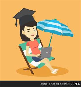 Asian graduate lying in chaise longue. Graduate in graduation cap working on laptop. Graduate studying on a beach. Concept of online education. Vector flat design illustration. Square layout.. Graduate lying in chaise lounge with laptop.