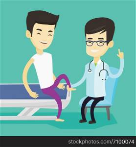 Asian gym doctor checking ankle of a patient. Physio therapist examining leg of young sports man. Physio therapist giving a leg massage to patient. Vector flat design illustration. Square layout.. Gym doctor checking ankle of a patient.
