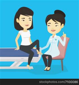 Asian gym doctor checking ankle of a patient. Physio therapist examining leg of young sports woman. Physio therapist giving a leg massage to patient. Vector flat design illustration. Square layout.. Gym doctor checking ankle of a patient.