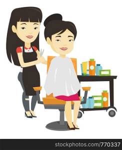 Asian hairdresser cutting hair of a young woman in beauty salon. Hairdresser making haircut to a client with scissors in beauty salon. Vector flat design illustration isolated on white background.. Hairdresser making haircut to young woman.