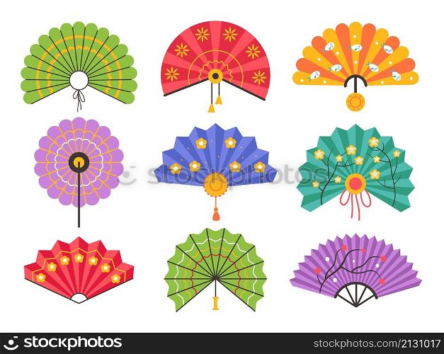Asian hand fans. Decorative female oriental accessory, vintage geisha tool, colorful paper items, elegant design, folding chinese attribute, traditional souvenir, vector cartoon flat isolated set. Asian hand fans. Decorative female oriental accessory, vintage geisha tool, colorful paper items, folding chinese attribute, traditional souvenir, vector cartoon flat isolated set