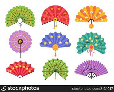 Asian hand fans. Decorative female oriental accessory, vintage geisha tool, colorful paper items, elegant design, folding chinese attribute, traditional souvenir, vector cartoon flat isolated set. Asian hand fans. Decorative female oriental accessory, vintage geisha tool, colorful paper items, folding chinese attribute, traditional souvenir, vector cartoon flat isolated set