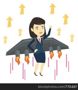 Asian happy business woman flying with a jet backpack. Young business woman flying on business start up rocket. Business start up concept. Vector flat design illustration isolated on white background.. Business woman flying on the rocket to success.