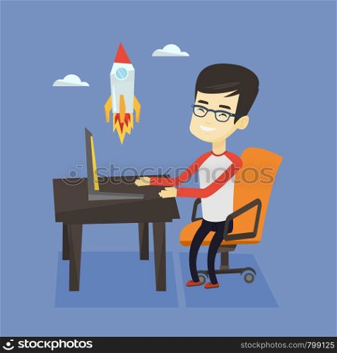 Asian happy businessman looking at business start up rocket. Young cheerful businessman working on a new business start up. Business start up concept. Vector flat design illustration. Square layout.. Business start up vector illustration.