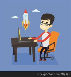 Asian happy businessman looking at business start up rocket. Young cheerful businessman working on a new business start up. Business start up concept. Vector flat design illustration. Square layout.. Business start up vector illustration.