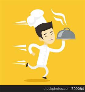 Asian happy male chef cook in a cap and white uniform running. Cheerful chef cook holding a cloche. Smiling chef cook fast running with a cloche. Vector flat design illustration. Square layout.. Running chef cook vector illustration.