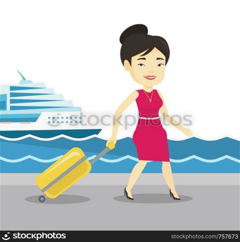 Asian happy passenger walking on the background of cruise liner. Young passenger with suitcase going to cruise liner at the pier station. Vector flat design illustration isolated on white background.. Passenger with suitcase going to shipboard.