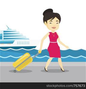 Asian happy passenger walking on the background of cruise liner. Young passenger with suitcase going to cruise liner at the pier station. Vector flat design illustration isolated on white background.. Passenger with suitcase going to shipboard.
