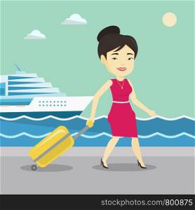 Asian happy passenger walking on the background of cruise liner. Smiling young passenger with suitcase going to cruise liner at the pier station. Vector flat design illustration. Square layout.. Passenger with suitcase going to shipboard.