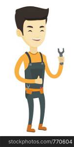 Asian happy repairman giving thumb up. Young repairman standing with a spanner in hand. Smiling repairman in overalls holding a spanner. Vector flat design illustration isolated on white background.. Repairman holding spanner vector illustration.