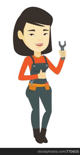 Asian happy repairman giving thumb up. Young repairman standing with a spanner in hand. Smiling repairman in overalls holding a spanner. Vector flat design illustration isolated on white background.. Repairman holding spanner vector illustration.