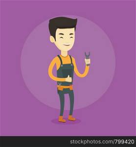 Asian happy repairman giving thumb up. Young smiling repairman standing with a spanner in hand. Smiling repairman in overalls holding a spanner. Vector flat design illustration. Square layout.. Repairman holding spanner vector illustration.