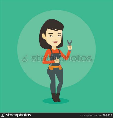 Asian happy repairman giving thumb up. Young smiling repairman standing with a spanner in hand. Smiling female repairman in overalls holding a spanner. Vector flat design illustration. Square layout.. Repairman holding spanner vector illustration.