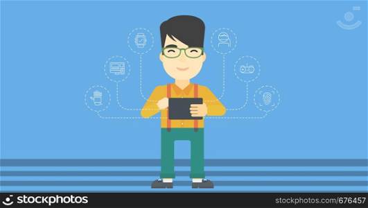 Asian happy student holding tablet computer. Young man working on tablet computer and some icons connected to the device on light blue background. Vector flat design illustration. Horizontal layout.. Student working on tablet computer.