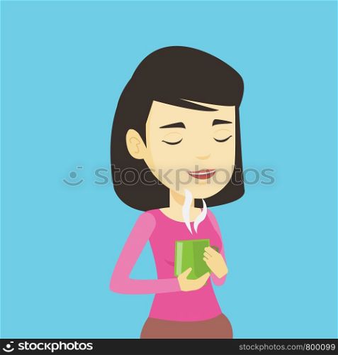 Asian happy Woman drinking hot flavored coffee. Young smiling woman holding cup of coffee with steam. Woman with her eyes closed enjoying fresh coffee. Vector flat design illustration. Square layout.. Woman enjoying cup of coffee vector illustration