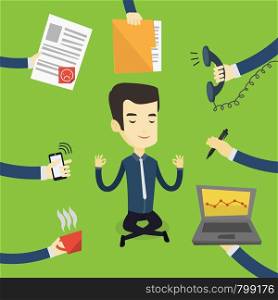 Asian hard working businessman meditating in lotus pose. Young businessman surrounded by many hands that give him a lot of work. Concept of hard working. Vector flat design illustration. Square layout. Business man meditating in lotus position.