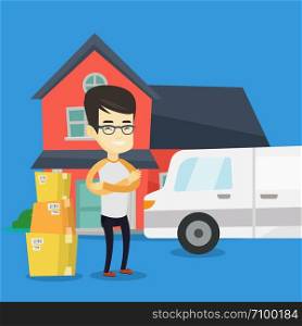 Asian homeowner unloading cardboard boxes. Homeowner standing in front of new home. Young man moving to a new house. Homeowner unpacking removal truck. Vector flat design illustration. Square layout.. Man moving to house vector illustration.