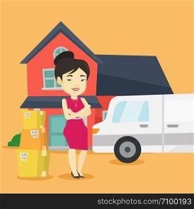Asian homeowner unloading cardboard boxes. Homeowner standing in front of new home. Woman moving to a new house. Homeowner unpacking removal truck. Vector flat design illustration. Square layout.. Woman moving to house vector illustration.