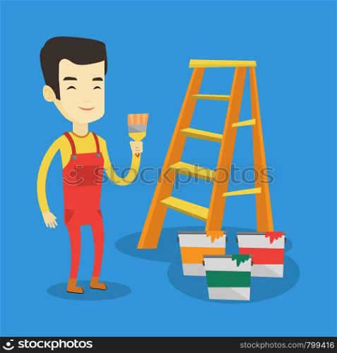 Asian house painter holding a paintbrush. House painter with paintbrush in hand standing near step-ladder and paint cans. Concept of house renovation. Vector flat design illustration. Square layout.. Painter with paint brush vector illustration.