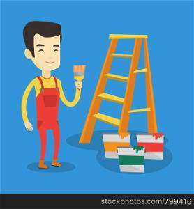 Asian house painter holding a paintbrush. House painter with paintbrush in hand standing near step-ladder and paint cans. Concept of house renovation. Vector flat design illustration. Square layout.. Painter with paint brush vector illustration.